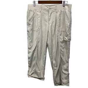 Cato Cargo Cropped Pants Womens 14 Linen Blend Elastic Waist Utility Capris